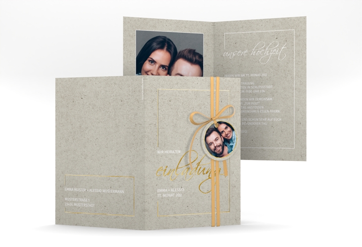 Einladungskarte Hochzeit Simple Line A6 Klappkarte hoch grau gold