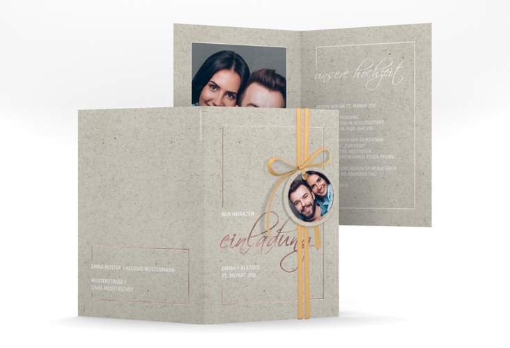 Einladungskarte Hochzeit Simple Line A6 Klappkarte hoch grau rosegold