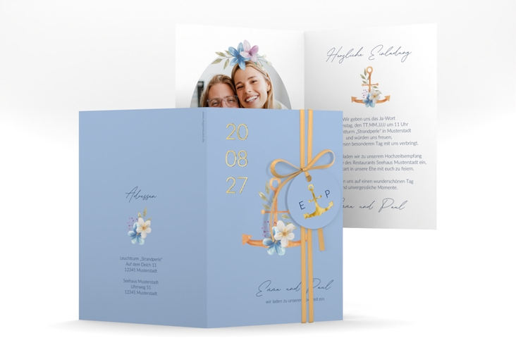 Einladungskarte Hochzeit Anker Floral A6 Klappkarte hoch blau gold