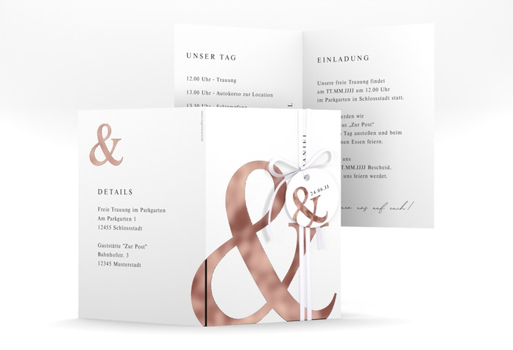 Einladungskarte Hochzeit And A6 Klappkarte hoch weiss rosegold