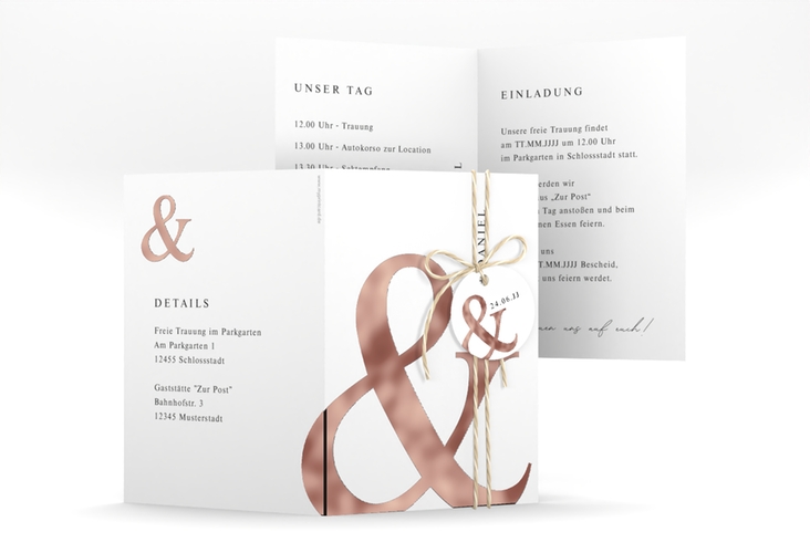 Einladungskarte Hochzeit And A6 Klappkarte hoch weiss rosegold