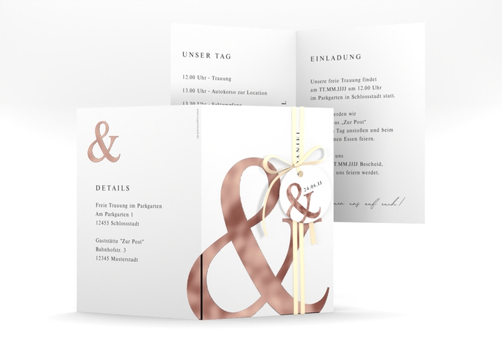 Einladungskarte Hochzeit And A6 Klappkarte hoch weiss rosegold