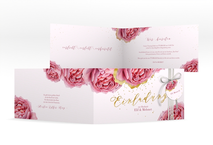 Hochzeitseinladung Cherie lange Klappkarte quer rosa gold