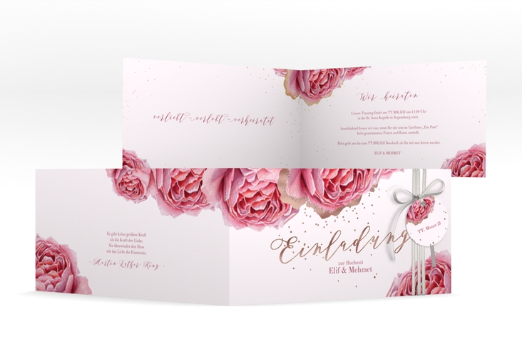 Hochzeitseinladung Cherie lange Klappkarte quer rosa rosegold