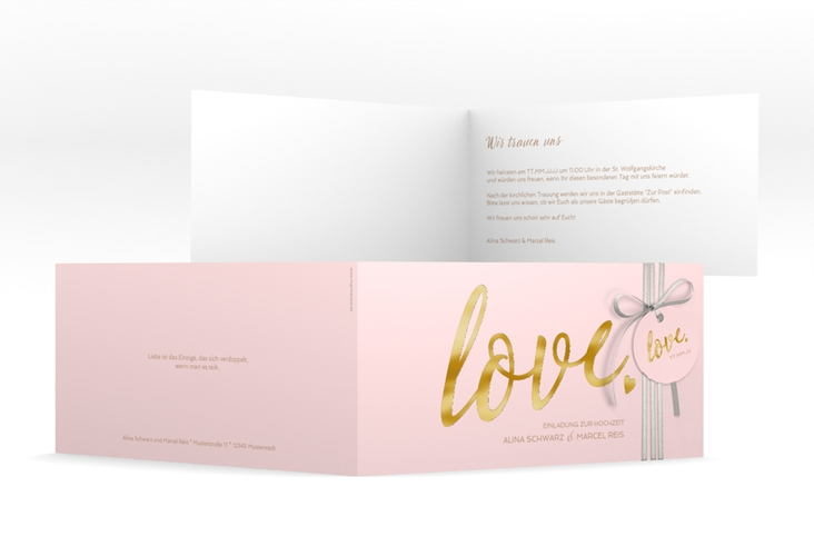 Hochzeitseinladung Glam lange Klappkarte quer rosa gold