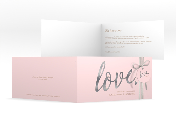 Hochzeitseinladung Glam lange Klappkarte quer rosa silber