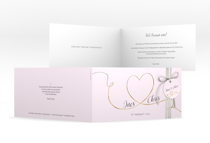 Hochzeitseinladung Dolce lange Klappkarte quer rosa gold