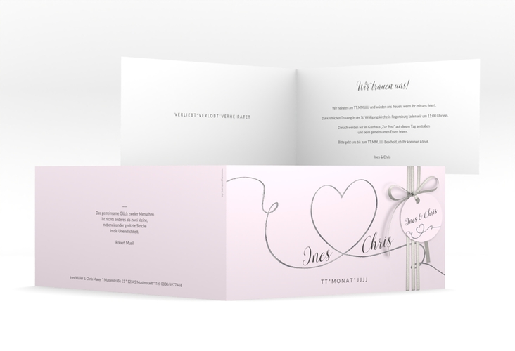 Hochzeitseinladung Dolce lange Klappkarte quer rosa silber
