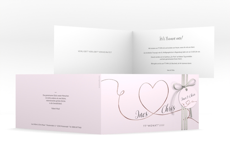 Hochzeitseinladung Dolce lange Klappkarte quer rosa rosegold