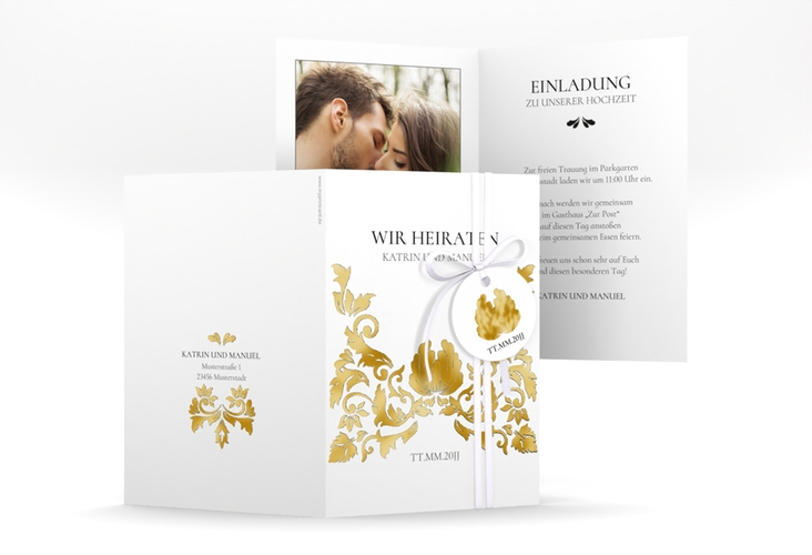 Einladungskarte Hochzeit Royal A6 Klappkarte hoch weiss gold mit barockem Blumen-Ornament