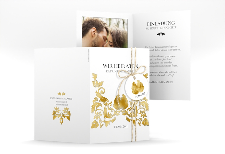 Einladungskarte Hochzeit Royal A6 Klappkarte hoch weiss gold mit barockem Blumen-Ornament
