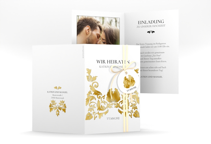 Einladungskarte Hochzeit Royal A6 Klappkarte hoch weiss gold mit barockem Blumen-Ornament
