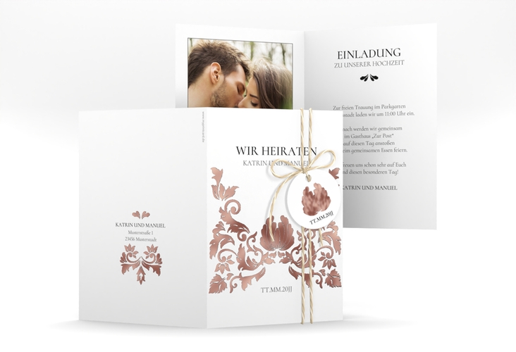 Einladungskarte Hochzeit Royal A6 Klappkarte hoch weiss rosegold mit barockem Blumen-Ornament