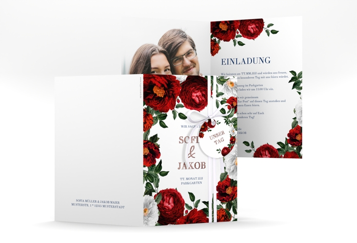 Einladungskarte Hochzeit Florista A6 Klappkarte hoch weiss rosegold