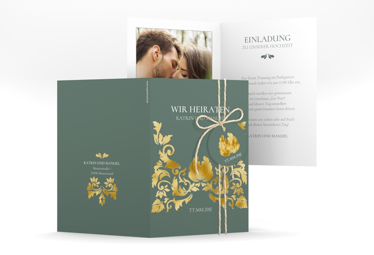 Einladungskarte Hochzeit Royal A6 Klappkarte hoch gruen gold mit barockem Blumen-Ornament