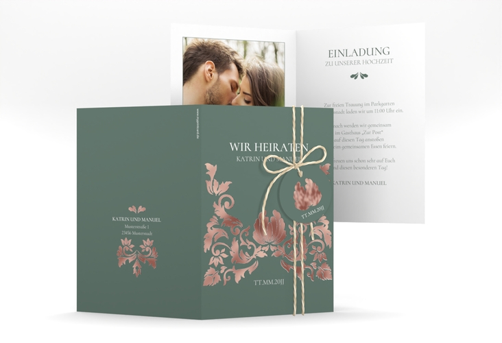 Einladungskarte Hochzeit Royal A6 Klappkarte hoch gruen rosegold mit barockem Blumen-Ornament