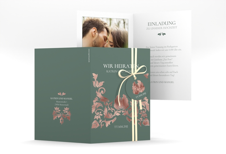 Einladungskarte Hochzeit Royal A6 Klappkarte hoch gruen rosegold mit barockem Blumen-Ornament