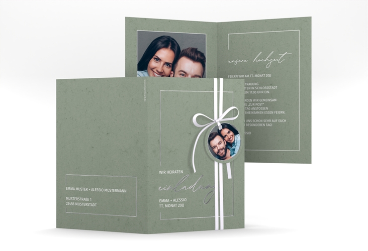 Einladungskarte Hochzeit Simple Line A6 Klappkarte hoch gruen silber