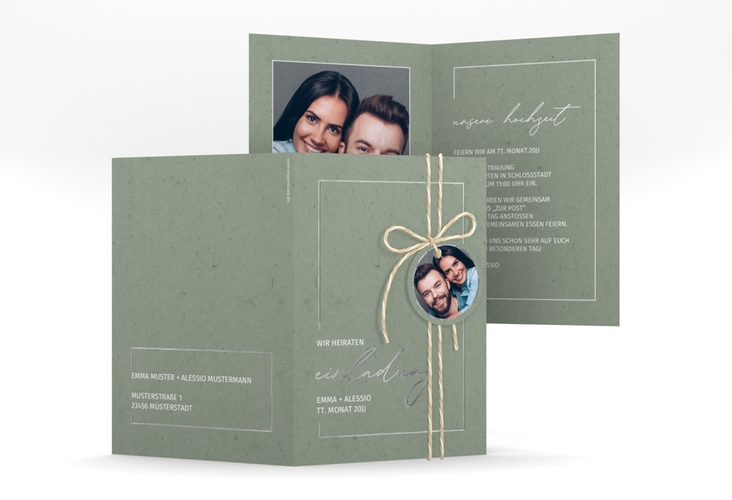 Einladungskarte Hochzeit Simple Line A6 Klappkarte hoch gruen silber