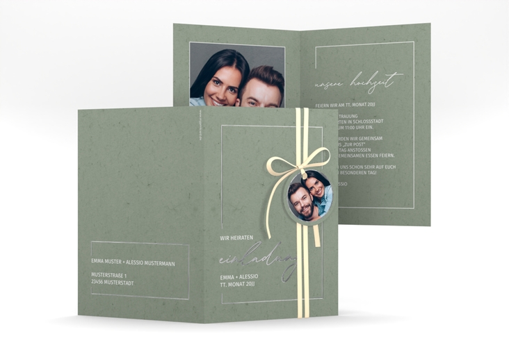 Einladungskarte Hochzeit Simple Line A6 Klappkarte hoch gruen silber