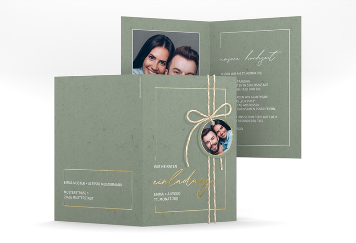 Einladungskarte Hochzeit Simple Line A6 Klappkarte hoch gruen gold