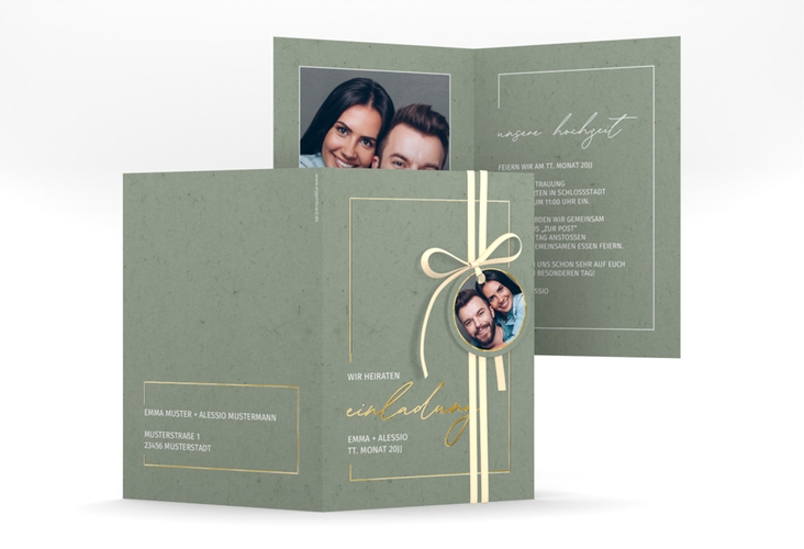 Einladungskarte Hochzeit Simple Line A6 Klappkarte hoch gruen gold