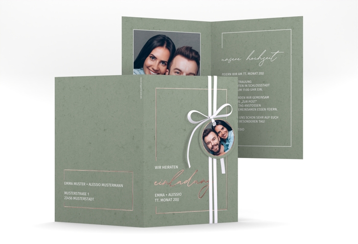 Einladungskarte Hochzeit Simple Line A6 Klappkarte hoch gruen rosegold