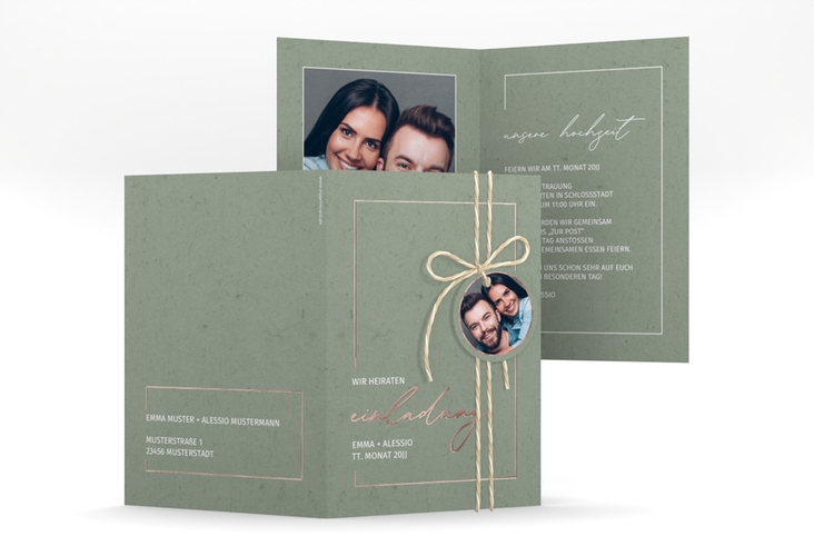Einladungskarte Hochzeit Simple Line A6 Klappkarte hoch gruen rosegold