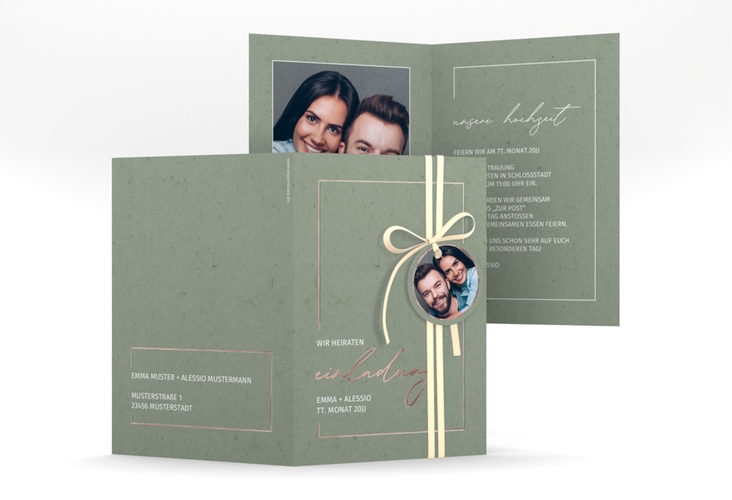 Einladungskarte Hochzeit Simple Line A6 Klappkarte hoch gruen rosegold