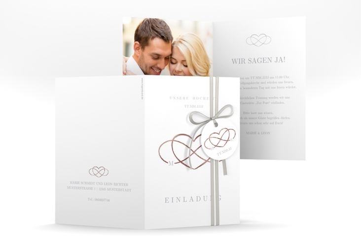 Einladungskarte Hochzeit Infinity A6 Klappkarte hoch grau rosegold