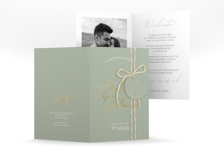 Einladungskarte Hochzeit Federschrift A6 Klappkarte hoch gruen gold in schlichtem Design mit Kalligrafie