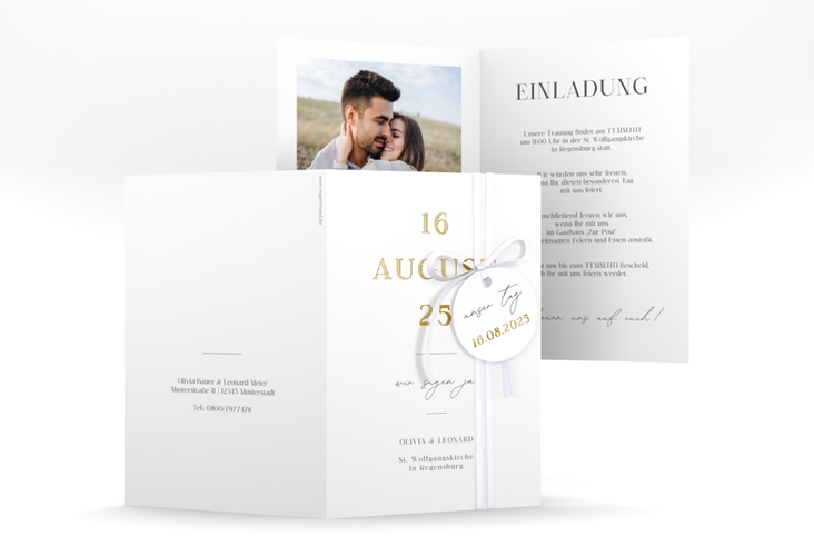 Einladungskarte Hochzeit Authentisch A6 Klappkarte hoch weiss gold in schlichtem Design mit großem Hochzeitsdatum