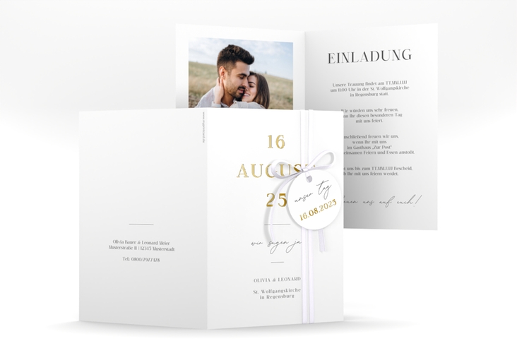 Einladungskarte Hochzeit Authentisch A6 Klappkarte hoch weiss gold in schlichtem Design mit großem Hochzeitsdatum