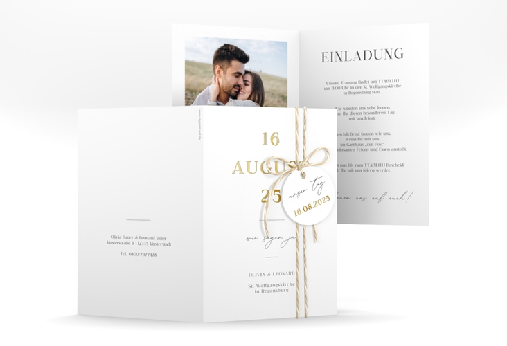 Einladungskarte Hochzeit Authentisch A6 Klappkarte hoch weiss gold in schlichtem Design mit großem Hochzeitsdatum