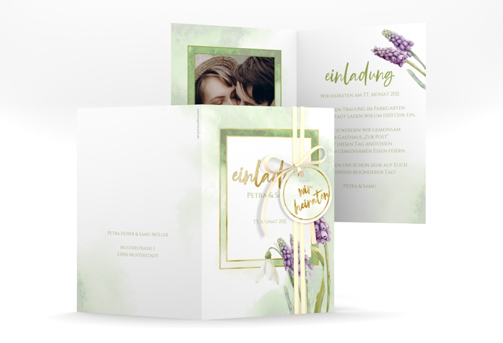 Einladungskarte Hochzeit Frühling A6 Klappkarte hoch gruen gold mit Frühlingsblumen in Aquarell