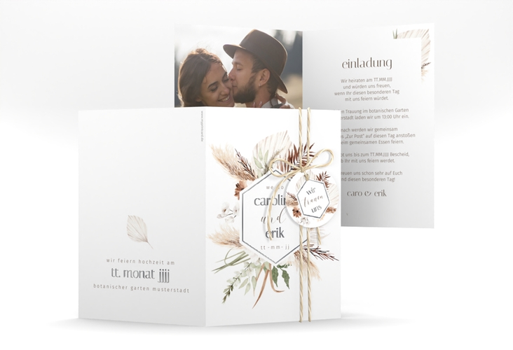Einladungskarte Hochzeit Bohemian A6 Klappkarte hoch weiss silber mit Gräsern und Trockenblumen für Boho-Hochzeit
