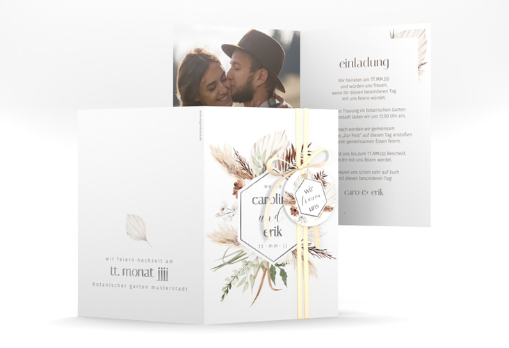 Einladungskarte Hochzeit Bohemian A6 Klappkarte hoch weiss silber mit Gräsern und Trockenblumen für Boho-Hochzeit