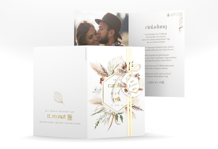 Einladungskarte Hochzeit Bohemian A6 Klappkarte hoch weiss gold mit Gräsern und Trockenblumen für Boho-Hochzeit