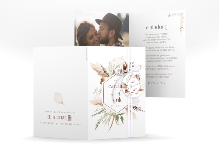 Einladungskarte Hochzeit Bohemian A6 Klappkarte hoch weiss rosegold mit Gräsern und Trockenblumen für Boho-Hochzeit