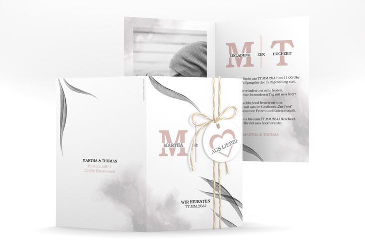 Einladungskarte Hochzeit Initialen A6 Klappkarte hoch weiss silber