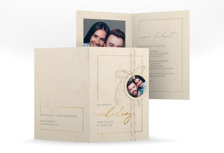 Einladungskarte Hochzeit Simple Line A6 Klappkarte hoch beige gold