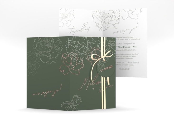 Einladungskarte Hochzeit Pfingstrosen A6 Klappkarte hoch gruen rosegold