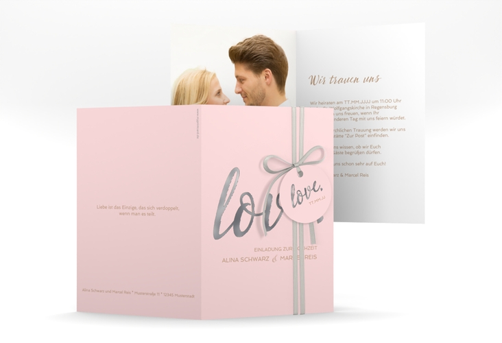 Einladungskarte Hochzeit Glam A6 Klappkarte hoch rosa silber
