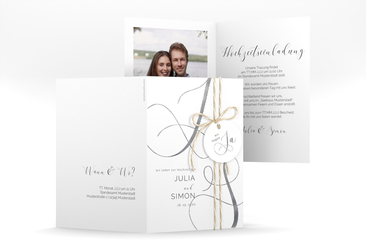 Hochzeitseinladung Eheschließung A6 Klappkarte hoch weiss silber mit Gräsern und Trockenblumen für Boho-Hochzeit