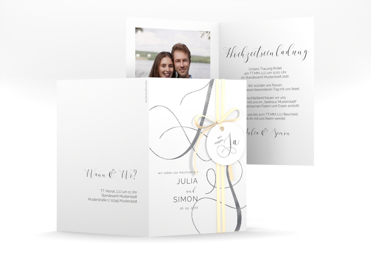 Hochzeitseinladung Eheschließung A6 Klappkarte hoch weiss silber mit Gräsern und Trockenblumen für Boho-Hochzeit