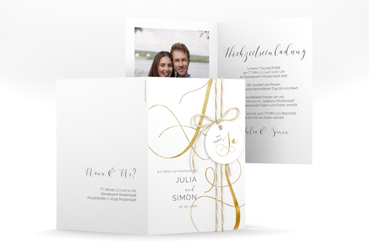 Hochzeitseinladung Eheschließung A6 Klappkarte hoch weiss gold mit Gräsern und Trockenblumen für Boho-Hochzeit