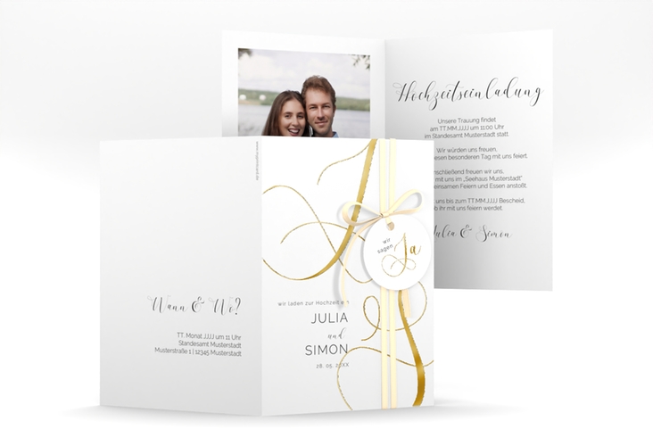 Hochzeitseinladung Eheschließung A6 Klappkarte hoch weiss gold mit Gräsern und Trockenblumen für Boho-Hochzeit