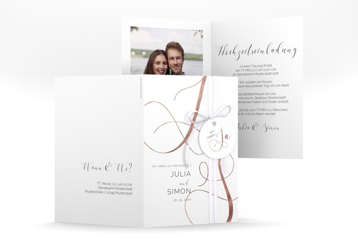 Hochzeitseinladung Eheschließung A6 Klappkarte hoch weiss rosegold mit Gräsern und Trockenblumen für Boho-Hochzeit