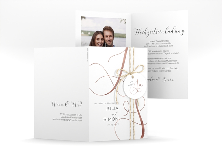 Hochzeitseinladung Eheschließung A6 Klappkarte hoch weiss rosegold mit Gräsern und Trockenblumen für Boho-Hochzeit