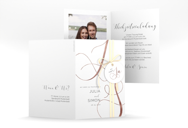 Hochzeitseinladung Eheschließung A6 Klappkarte hoch weiss rosegold mit Gräsern und Trockenblumen für Boho-Hochzeit